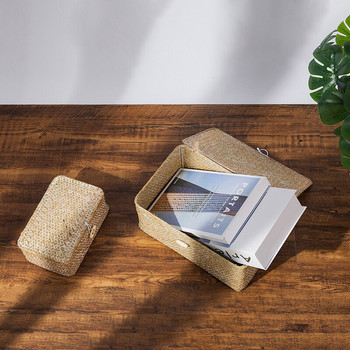 Seagrass υφαντό κουτί αποθήκευσης με καπάκι Μεγάλο ψάθινο ορθογώνιο καλάθι αποθήκευσης Σπίτι Μπάνιο Διάφορα Πλυντήριο ρούχων Κουτί παιχνιδιών Λευκό καλάθι