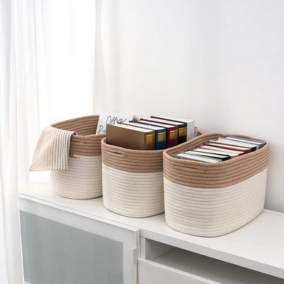 Кутия за съхранение Дишаща кошница за съхранение с голям капацитет, ръчно плетена тъкана памучна въже Съхранение и организация на дома