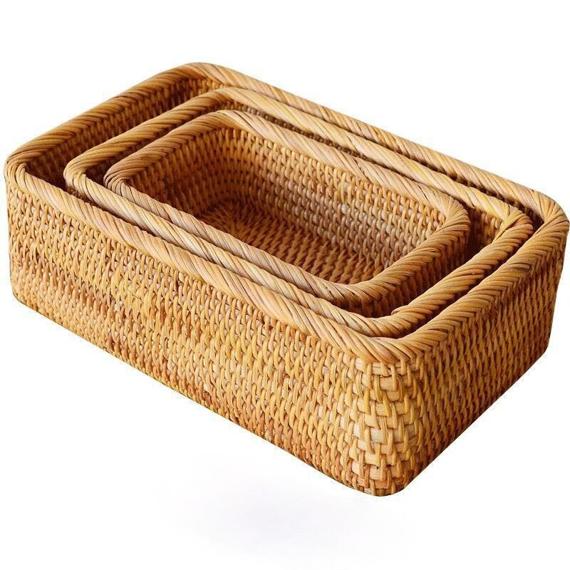 Kézzel szőtt rattan fonott kosár gyümölcs tea uzsonna kenyér kosár kozmetikai négyszögletes tárolódoboz háztartási konyhai kellékek