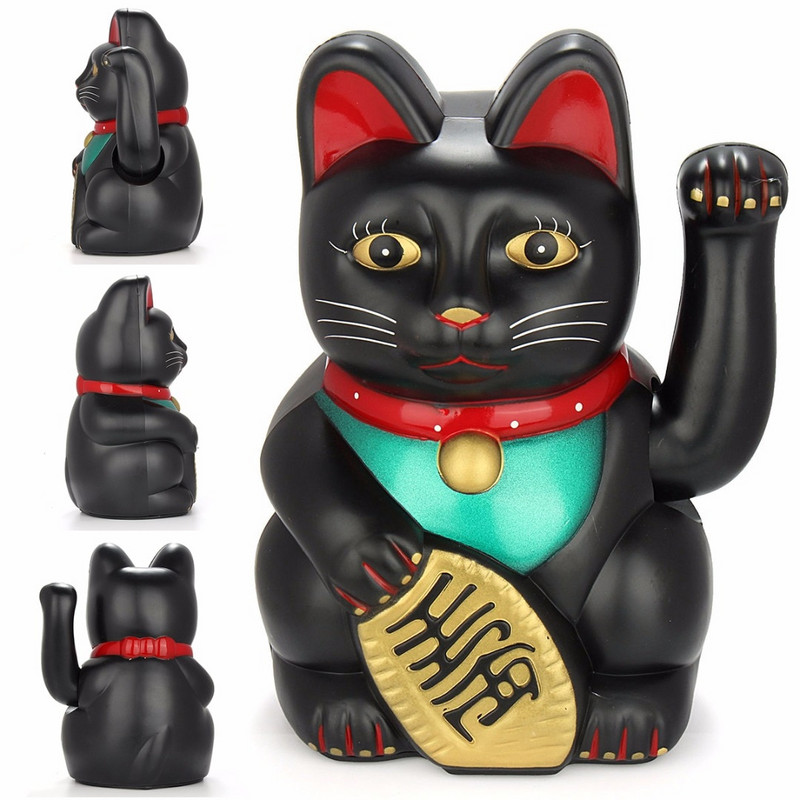 Fekete, 5 hüvelykes / 12,5 cm-es Feng Shui macska vagyonra hívó szerencse, hullámzó cica dekoráció öt színben Bolti dekoráció Lucky Cats Good