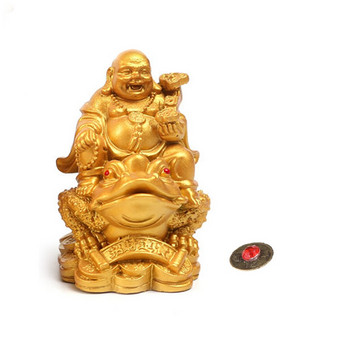 ΤΥΧΕΡΟ Φενγκ Σούι Μαϊτρέγια Βούδα Άγαλμα Φρύνος Ειδώλιο Χρήματα Περιουσία Πλούτος Κινεζικός Χρυσός Βάτραχος Διακόσμηση επιτραπέζιου γραφείου σπιτιού