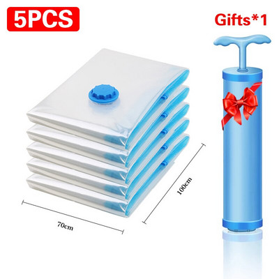 5 бр. Вакуумни торби за съхранение, 80% повече място за съхранение! Ръчна помпа за пътуване! за спално бельо, възглавници, кърпи, одеяла, спестяващи място чанти за дрехи