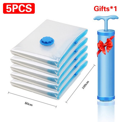 5 бр. Вакуумни торби за съхранение, 80% повече място за съхранение! Ръчна помпа за пътуване! за спално бельо, възглавници, кърпи, одеяла, спестяващи място чанти за дрехи
