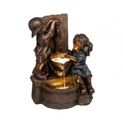 Statuie de grădină pentru băiat și fată, cascadă din rășină, ornament pentru curgerea apei, în aer liber, pentru curte, grădină, sculpturi de birou, decor de birou