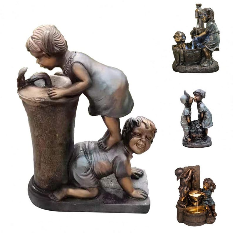 Statuie de grădină pentru băiat și fată, cascadă din rășină, ornament pentru curgerea apei, în aer liber, pentru curte, grădină, sculpturi de birou, decor de birou
