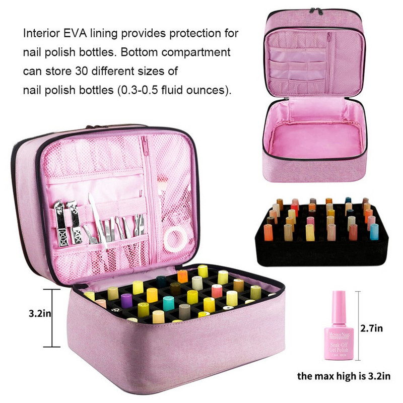 30 бутилки Чанта за съхранение на лак за нокти Двуслойна чанта за маникюр с голям капацитет Преносима чанта за носене при пътуване