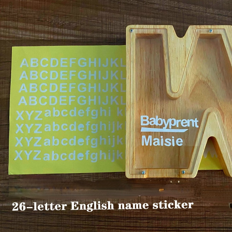 26 betűs fa malacpersely névmatricával, személyre szabott, átlátszó üveg persely gyerekeknek, ajándék otthoni dekoráció