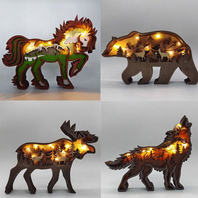 Fából készült állatfarkas szobor Kreativitás Wolf Totem Iroda Otthoni dekoráció Kézműves karácsonyi ajándék Észak-erdei jávorszarvas barna medve díszek