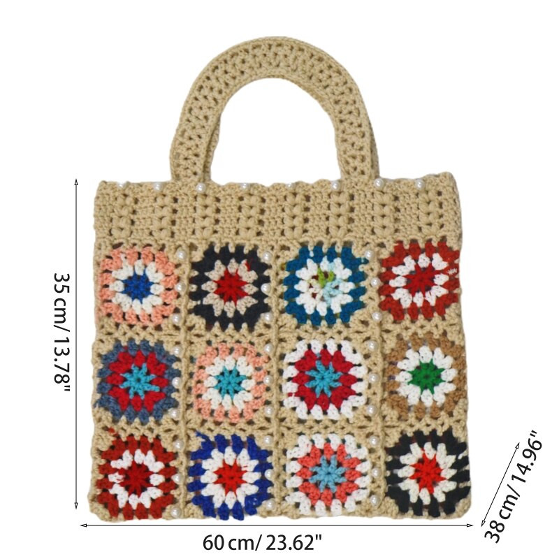 Дамски бохемски плетени на една кука чанти с тъкани цветя Ретро плетени пазарски чанти 60x38x35cm чанта за съхранение Летни туристически дамски плажни чанти