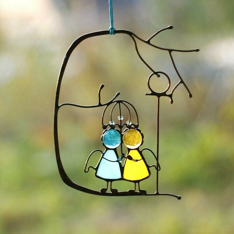Ólomüveg angyalok pár baba ablakfüggönyök SunCatcher Art függő medál fali ajtó dekoráció otthoni díszekhez
