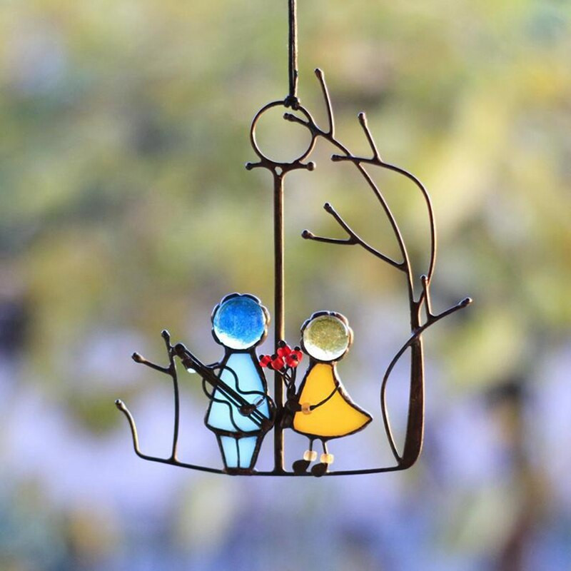 Ólomüveg angyalok pár baba ablakfüggönyök SunCatcher Art függő medál fali ajtó dekoráció otthoni díszekhez