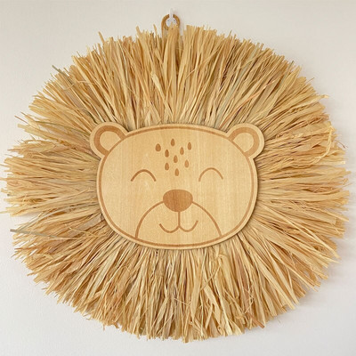 Nordijski ukrasi za dječju sobu Ručno izrađen ukras od drvene slame pleten u crtanom lavu Zidni viseći ukras za uređenje dječje sobe