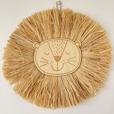 Nordijski ukrasi za dječju sobu Ručno izrađen ukras od drvene slame pleten u crtanom lavu Zidni viseći ukras za uređenje dječje sobe