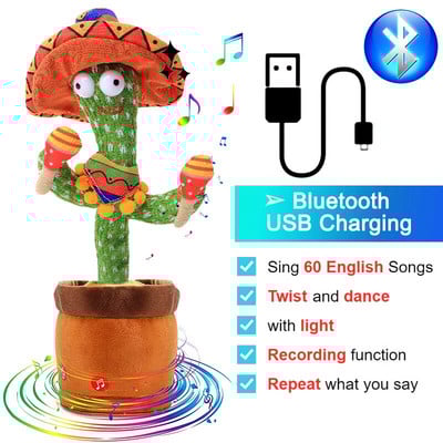 „Bluetooth“ šokantis kaktusas kalbantis žaislas 60/120 dainuojantis kaktusas pakartoja tai, ką sakote Minkštas pliušinis elektrinis kalbantis kaktusas