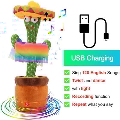 „Bluetooth“ šokantis kaktusas kalbantis žaislas 60/120 dainuojantis kaktusas pakartoja tai, ką sakote Minkštas pliušinis elektrinis kalbantis kaktusas