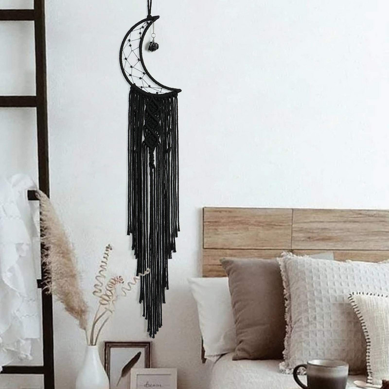Black Sun Moon Dream Catcher Nordic makramé álomfogó kristályfallal szoba lakberendezési udvar kert hálószoba dekoráció