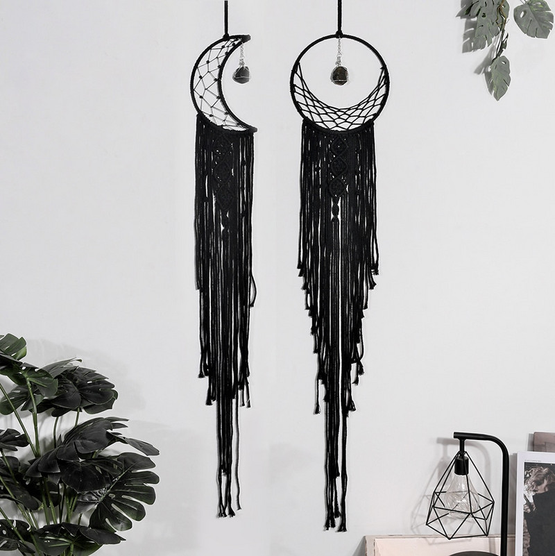 Black Sun Moon Dream Catcher Nordic makramé álomfogó kristályfallal szoba lakberendezési udvar kert hálószoba dekoráció