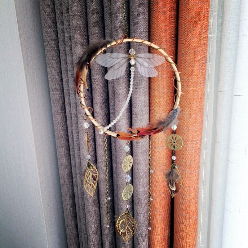 Bambusz karika kézzel készített kézműves fali művészet pávatollas álomfogó dekoráció otthoni szobába