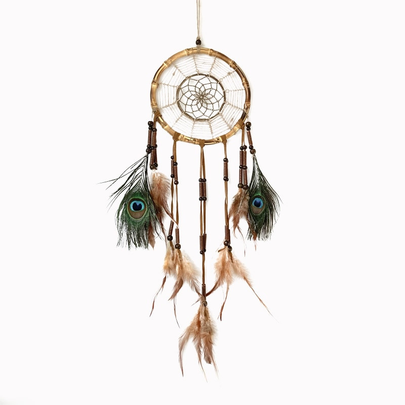 Bambusz karika kézzel készített kézműves fali művészet pávatollas álomfogó dekoráció otthoni szobába