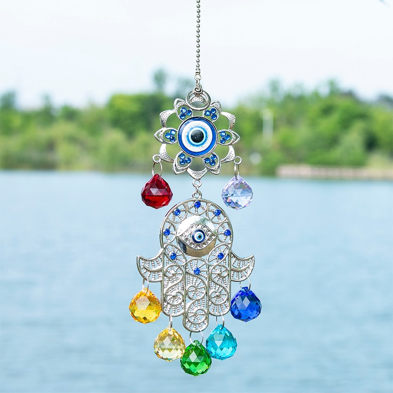 H&D Chakra Energy Crystal Balls Napfogó Hamsa Fatima keze Törökkék Gonosz Szem Otthoni Kert Lógó Dekoráció Szerencsés ajándék