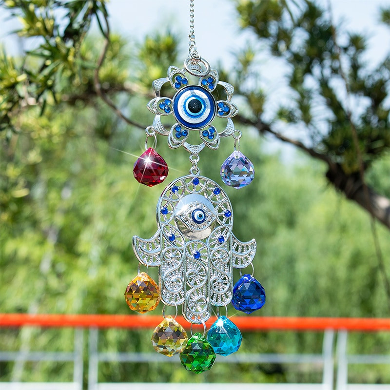 H&D Chakra Energy Crystal Balls Napfogó Hamsa Fatima keze Törökkék Gonosz Szem Otthoni Kert Lógó Dekoráció Szerencsés ajándék