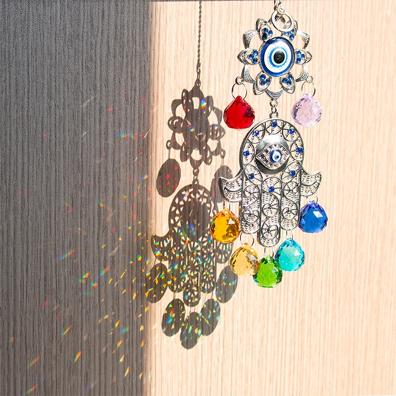 H&D Chakra Energy Crystal Balls Napfogó Hamsa Fatima keze Törökkék Gonosz Szem Otthoni Kert Lógó Dekoráció Szerencsés ajándék