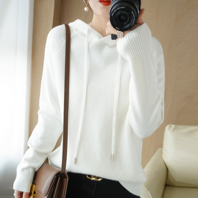 Pulover de damă cu model larg, cu șireturi și glugă