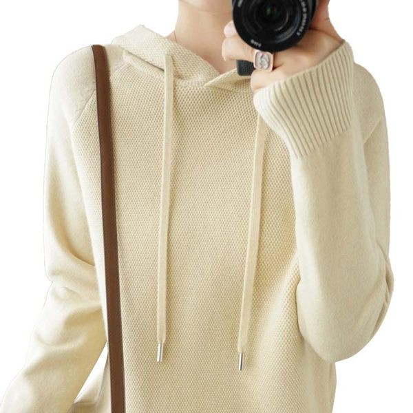 Pulover de damă cu model larg, cu șireturi și glugă