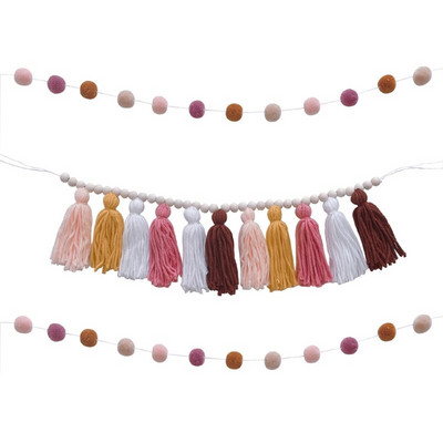 XX9B Ghirlandă cu pompon colorate nordice Tapeturi de perete pentru adăposturi foto pentru acasă, petreceri, nuntă, banner de agățat pe perete de macrame