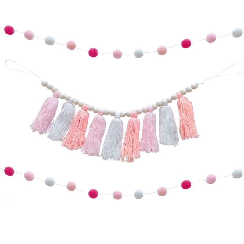 XX9B Ghirlandă cu pompon colorate nordice Tapeturi de perete pentru adăposturi foto pentru acasă, petreceri, nuntă, banner de agățat pe perete de macrame