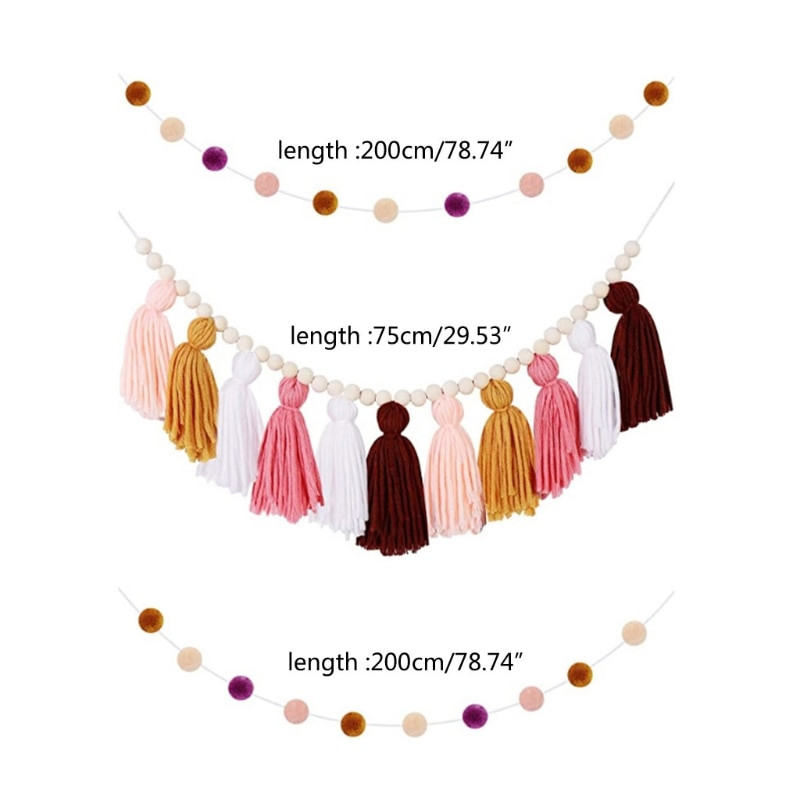 XX9B Ghirlandă cu pompon colorate nordice Tapeturi de perete pentru adăposturi foto pentru acasă, petreceri, nuntă, banner de agățat pe perete de macrame