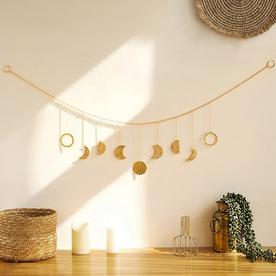 Decor de perete din metal în faza lunii Decor estetic nordic pentru cameră Ghirlandă din metal auriu Decor de grădină de artă Cadou dormitor pepinieră