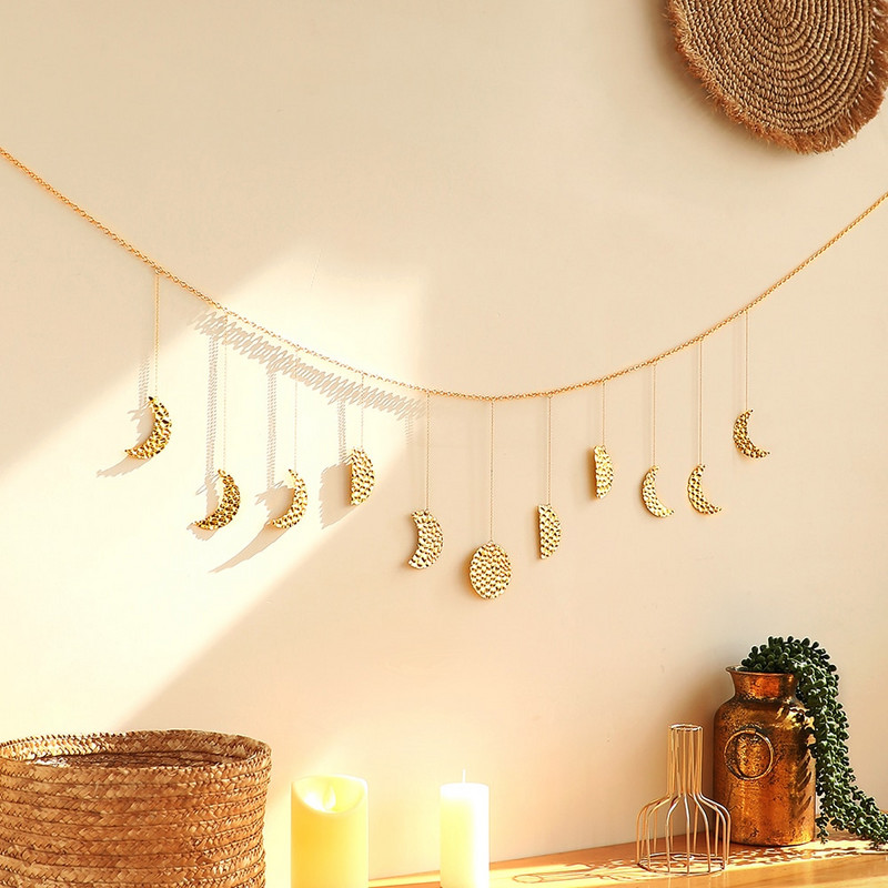 Decor de perete din metal în faza lunii Decor estetic nordic pentru cameră Ghirlandă din metal auriu Decor de grădină de artă Cadou dormitor pepinieră