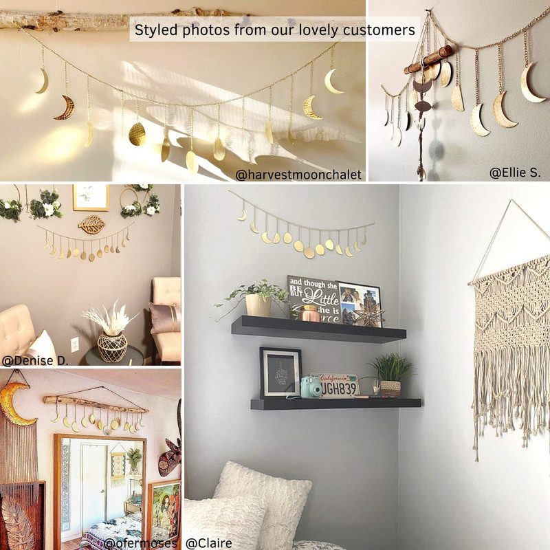 Decor de perete din metal în faza lunii Decor estetic nordic pentru cameră Ghirlandă din metal auriu Decor de grădină de artă Cadou dormitor pepinieră