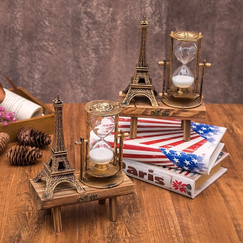Kreatív ajándékok Retro Eiffel-torony homokóra dekoráció asztalon Egyszerű modern otthoni tanulmány fa inga homok időzítő