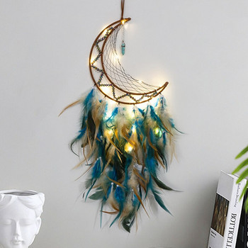 Moon Dream Catchers With Lights Feather Crafts Wind Chimes Handmade Home Decoracion Retro Indians Style Gifts Moon Dream Catcher