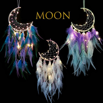 Moon Dream Catchers With Lights Feather Crafts Wind Chimes Handmade Home Decoracion Retro Indians Style Gifts Moon Dream Catcher