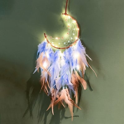 Mėnulio sapnų gaudyklės su šviesomis Plunksnos amatai vėjo varpeliai Rankų darbo namų puošmena Retro indėnų stiliaus dovanos Mėnulio svajonių gaudyklė