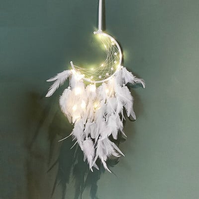Mėnulio sapnų gaudyklės su šviesomis Plunksnos amatai vėjo varpeliai Rankų darbo namų puošmena Retro indėnų stiliaus dovanos Mėnulio svajonių gaudyklė