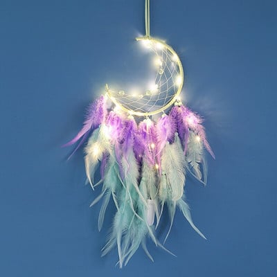 Mėnulio sapnų gaudyklės su šviesomis Plunksnos amatai vėjo varpeliai Rankų darbo namų puošmena Retro indėnų stiliaus dovanos Mėnulio svajonių gaudyklė