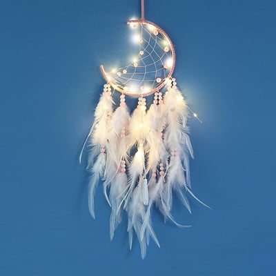 Mėnulio sapnų gaudyklės su šviesomis Plunksnos amatai vėjo varpeliai Rankų darbo namų puošmena Retro indėnų stiliaus dovanos Mėnulio svajonių gaudyklė