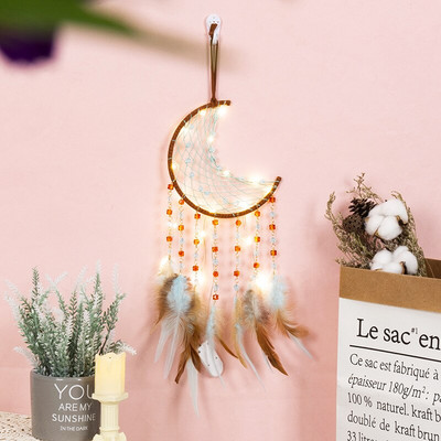 Mėnulio sapnų gaudyklės su šviesomis Plunksnos amatai vėjo varpeliai Rankų darbo namų puošmena Retro indėnų stiliaus dovanos Mėnulio svajonių gaudyklė
