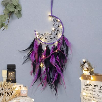 Mėnulio sapnų gaudyklės su šviesomis Plunksnos amatai vėjo varpeliai Rankų darbo namų puošmena Retro indėnų stiliaus dovanos Mėnulio svajonių gaudyklė