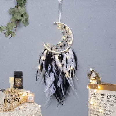 Mėnulio sapnų gaudyklės su šviesomis Plunksnos amatai vėjo varpeliai Rankų darbo namų puošmena Retro indėnų stiliaus dovanos Mėnulio svajonių gaudyklė