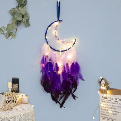 Mėnulio sapnų gaudyklės su šviesomis Plunksnos amatai vėjo varpeliai Rankų darbo namų puošmena Retro indėnų stiliaus dovanos Mėnulio svajonių gaudyklė