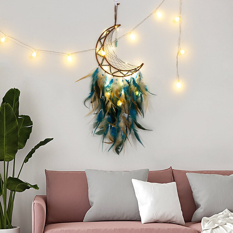 Mėnulio sapnų gaudyklės su šviesomis Plunksnos amatai vėjo varpeliai Rankų darbo namų puošmena Retro indėnų stiliaus dovanos Mėnulio svajonių gaudyklė