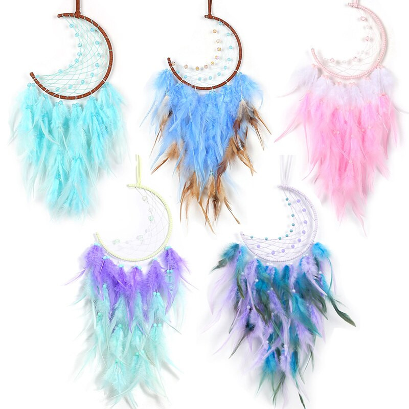 Mėnulio sapnų gaudyklės su šviesomis Plunksnos amatai vėjo varpeliai Rankų darbo namų puošmena Retro indėnų stiliaus dovanos Mėnulio svajonių gaudyklė