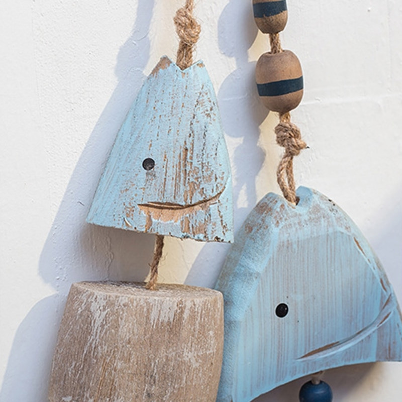 Mediniai dekoro žuvies kaulai su karoliukais Paplūdimio tema Sienų dekoro durų kabantys ornamentas Jūrinis dekoras