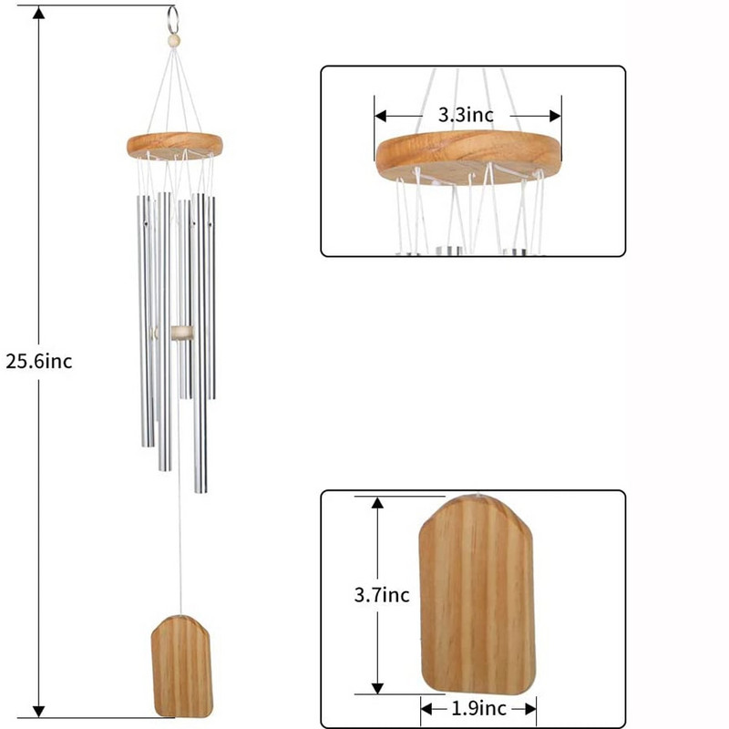 Vėjo varpeliai lauke, medinis vėjo varpelio memorialinis vėjo varpelis lauke, namų dekoro vėjo varpeliai su 6 aliuminio vamzdeliais ir S kabliu