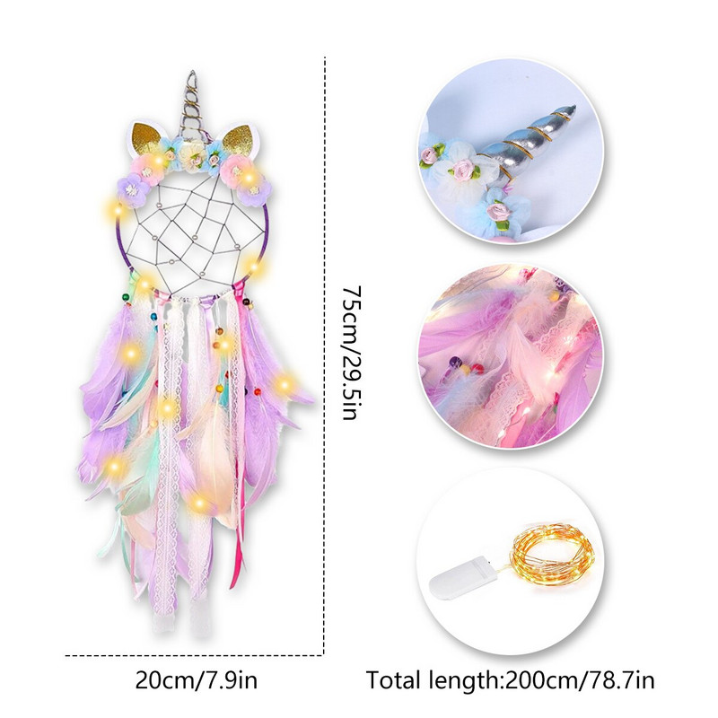 Vienaragio svajonių gaudyklė su LED lempute pakabinama prie sienos namų dekoracija Kawaii Dreamcatcher Kalėdų Naujųjų metų gimtadienio dovanos mergaitėms